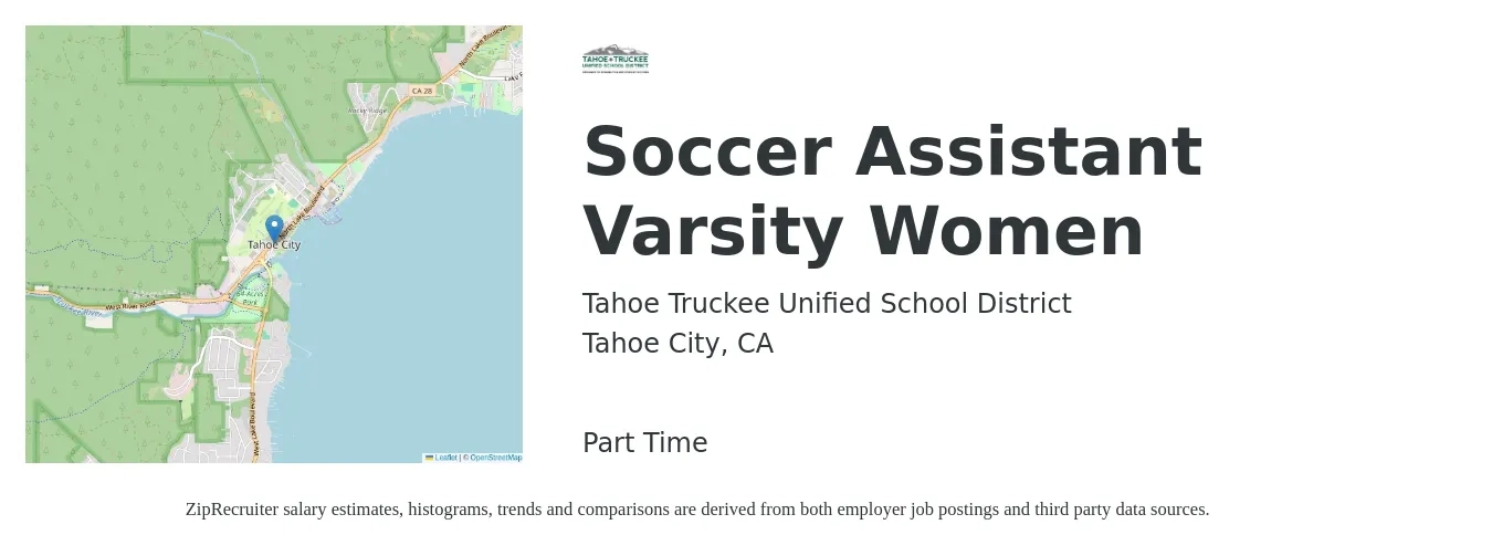 Tahoe Truckee Unified School District job posting for a Soccer Assistant Varsity Women in Tahoe City, CA with a salary of $27,100 to $57,000 Yearly with a map of Tahoe City location.
