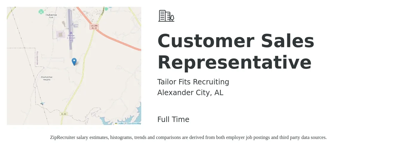 Tailor Fits Recruiting job posting for a Customer Sales Representative in Alexander City, AL with a salary of $670 to $870 Weekly with a map of Alexander City location.