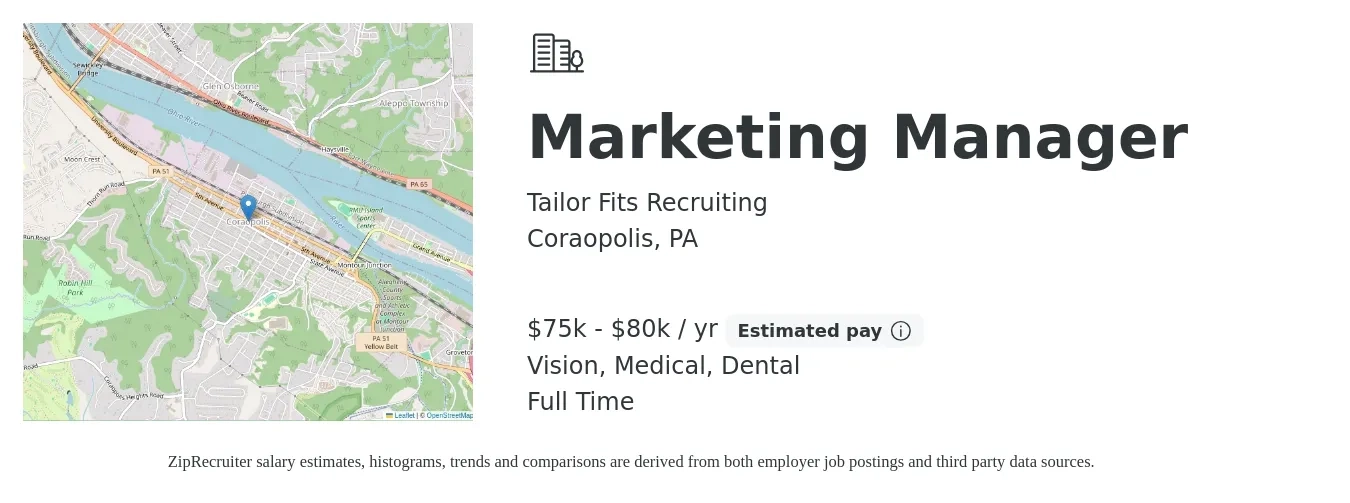 Tailor Fits Recruiting job posting for a Marketing Manager in Coraopolis, PA with a salary of $75,000 to $80,000 Yearly and benefits including dental, life_insurance, medical, pto, retirement, and vision with a map of Coraopolis location.