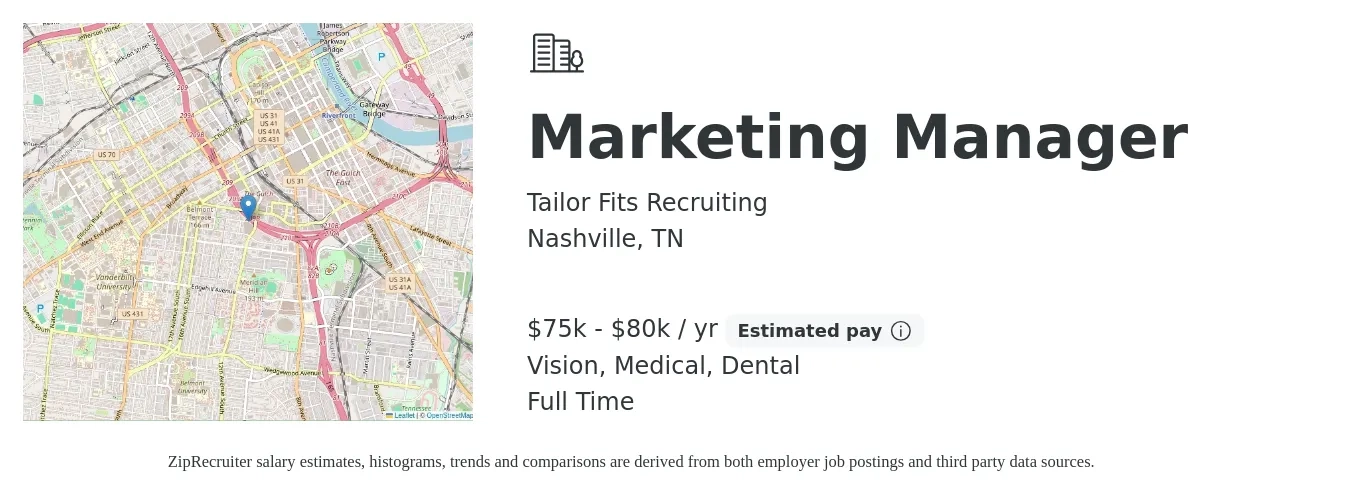 Tailor Fits Recruiting job posting for a Marketing Manager in Nashville, TN with a salary of $75,000 to $80,000 Yearly and benefits including vision, dental, life_insurance, medical, pto, and retirement with a map of Nashville location.