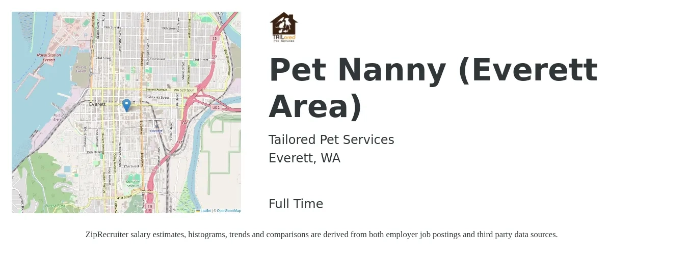 Tailored Pet Services job posting for a Pet Nanny (Everett Area) in Everett, WA with a salary of $1,600 to $1,800 Monthly with a map of Everett location.
