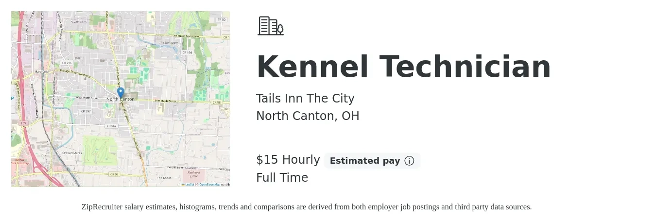 Tails Inn The City job posting for a Kennel Technician in North Canton, OH with a salary of $14 Hourly with a map of North Canton location.
