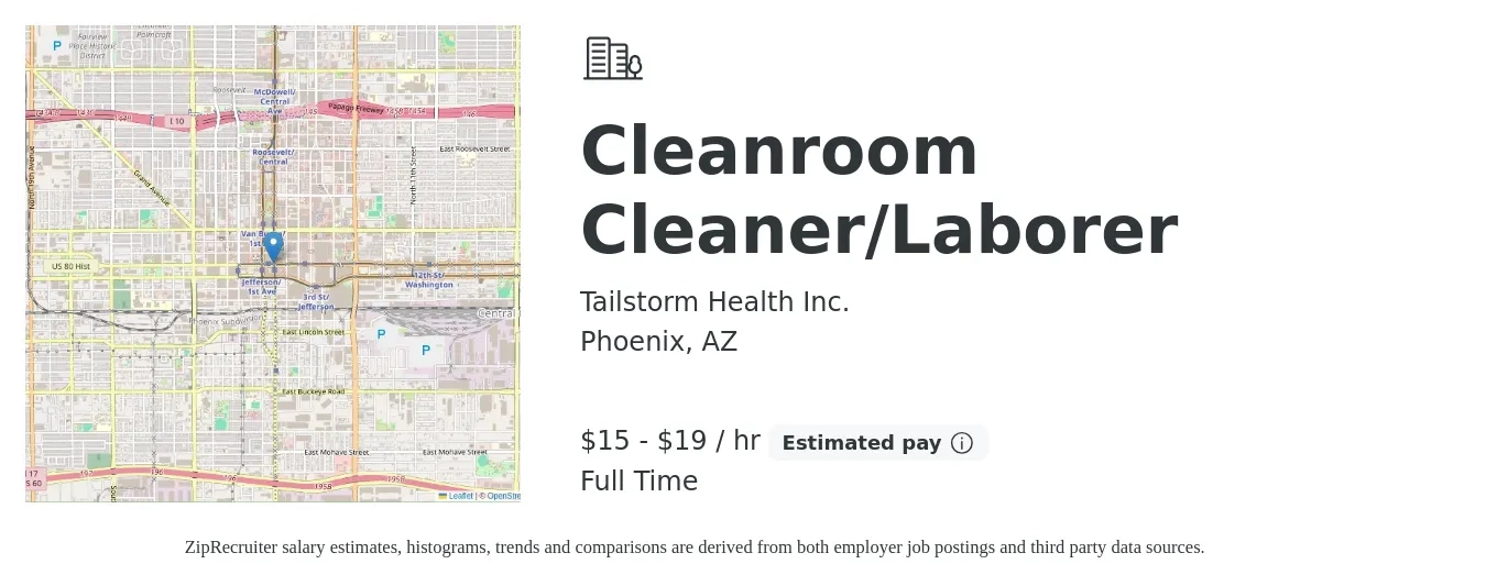 Tailstorm Health Inc. job posting for a Cleanroom Cleaner/Laborer in Phoenix, AZ with a salary of $16 to $20 Hourly with a map of Phoenix location.