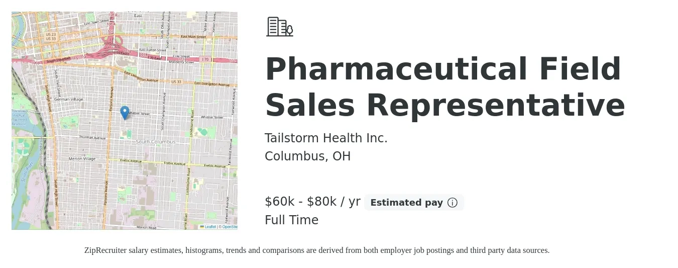 Tailstorm Health Inc. job posting for a Pharmaceutical Field Sales Representative in Columbus, OH with a salary of $60,000 to $80,000 Yearly with a map of Columbus location.