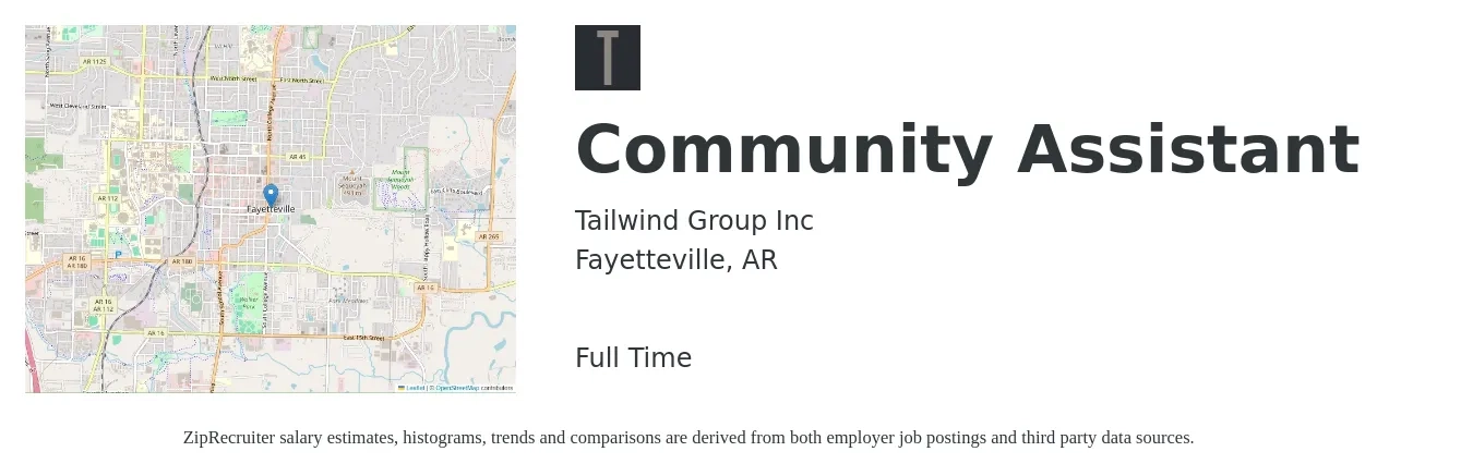Tailwind Group Inc job posting for a Community Assistant in Fayetteville, AR with a salary of $12 to $14 Hourly with a map of Fayetteville location.