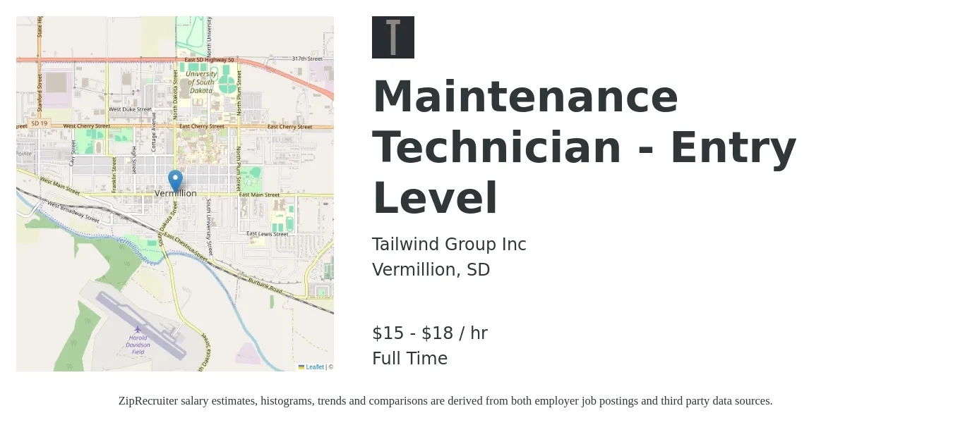 Tailwind Group Inc job posting for a Maintenance Technician - Entry Level in Vermillion, SD with a salary of $16 to $19 Hourly with a map of Vermillion location.