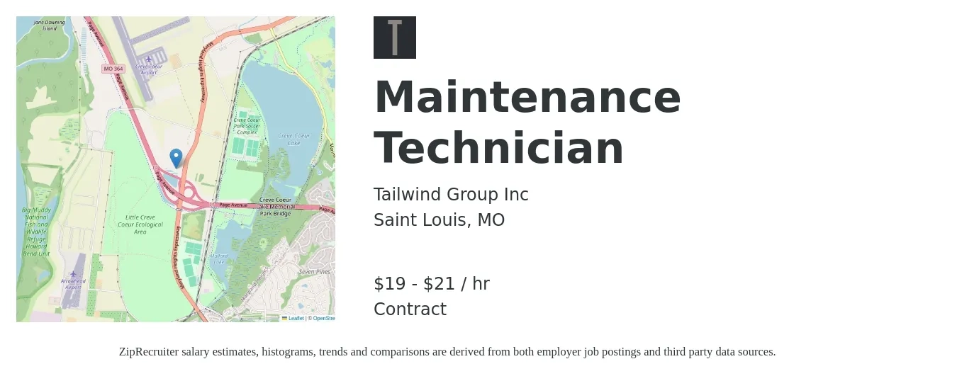 Tailwind Group Inc job posting for a Maintenance Technician in Saint Louis, MO with a salary of $20 to $22 Hourly with a map of Saint Louis location.