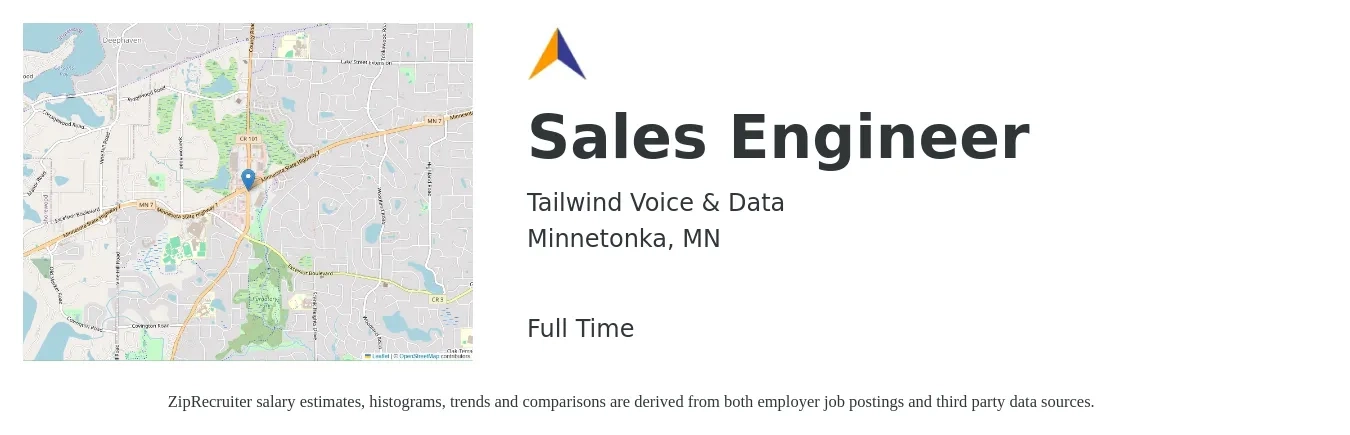 Tailwind Voice & Data job posting for a Sales Engineer in Minnetonka, MN with a salary of $76,500 to $114,700 Yearly with a map of Minnetonka location.