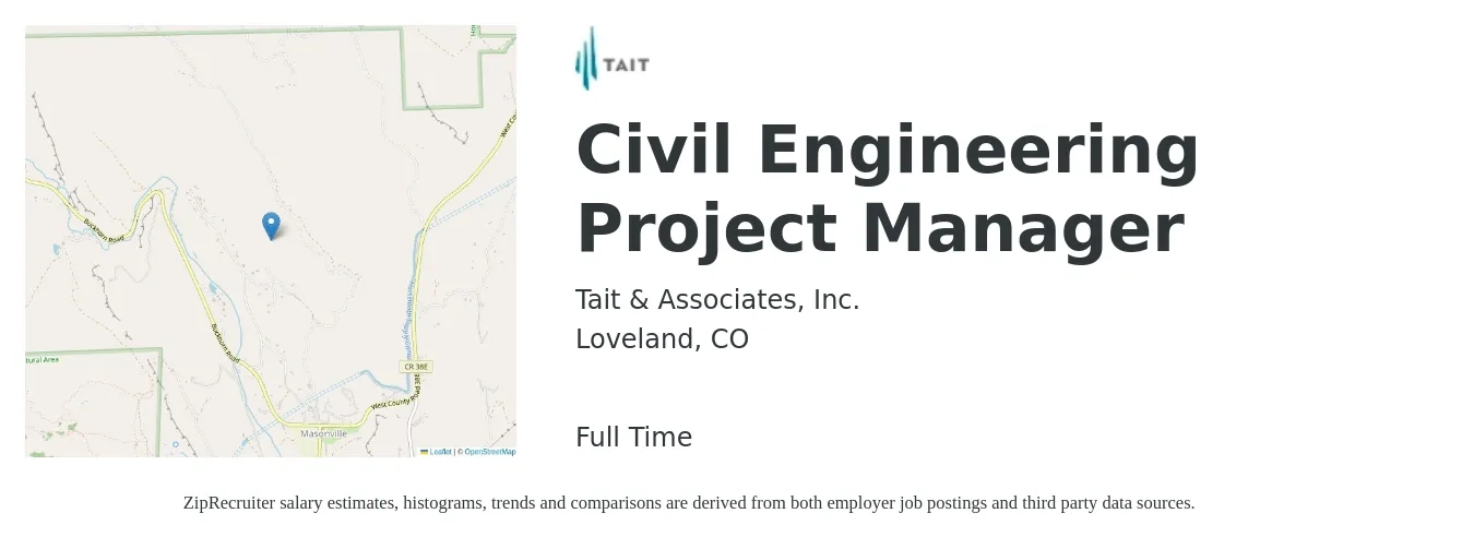 Tait & Associates, Inc. job posting for a Civil Engineering Project Manager in Loveland, CO with a salary of $90,000 to $130,000 Yearly with a map of Loveland location.