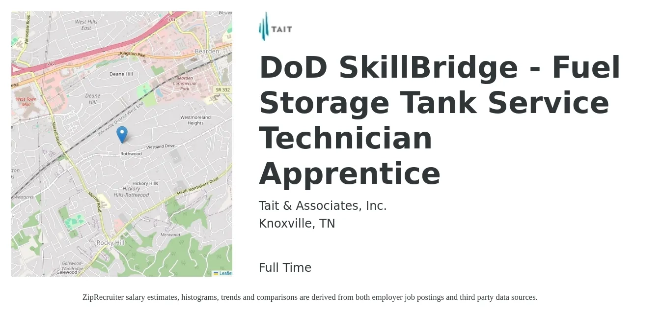 Tait & Associates, Inc. job posting for a DoD SkillBridge - Fuel Storage Tank Service Technician Apprentice in Knoxville, TN with a salary of $57,300 to $90,200 Yearly with a map of Knoxville location.