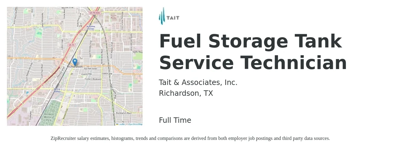 Tait & Associates, Inc. job posting for a Fuel Storage Tank Service Technician in Richardson, TX with a salary of $17 to $26 Hourly with a map of Richardson location.
