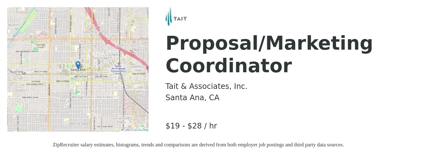 Tait & Associates, Inc. job posting for a Proposal/Marketing Coordinator in Santa Ana, CA with a salary of $20 to $30 Hourly with a map of Santa Ana location.
