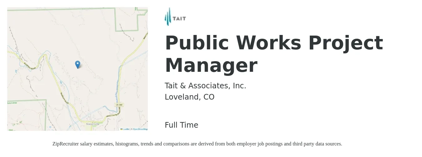 Tait & Associates, Inc. job posting for a Public Works Project Manager in Loveland, CO with a salary of $90,000 to $130,000 Yearly with a map of Loveland location.