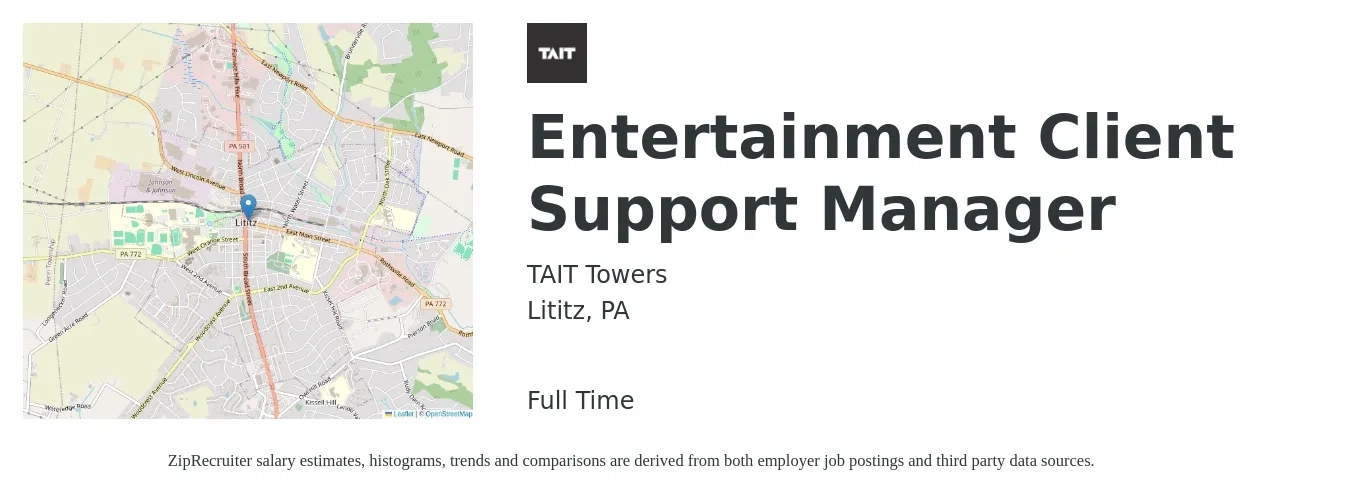 TAIT Towers job posting for a Entertainment Client Support Manager in Lititz, PA with a salary of $34,300 to $58,800 Yearly with a map of Lititz location.