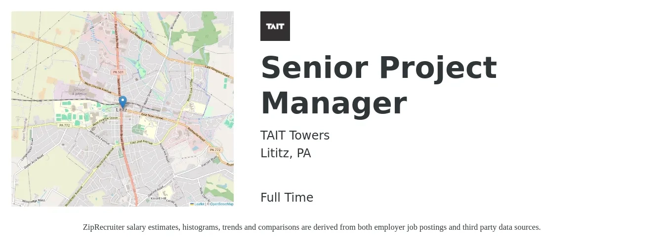 TAIT Towers job posting for a Senior Project Manager in Lititz, PA with a salary of $95,900 to $135,300 Yearly with a map of Lititz location.