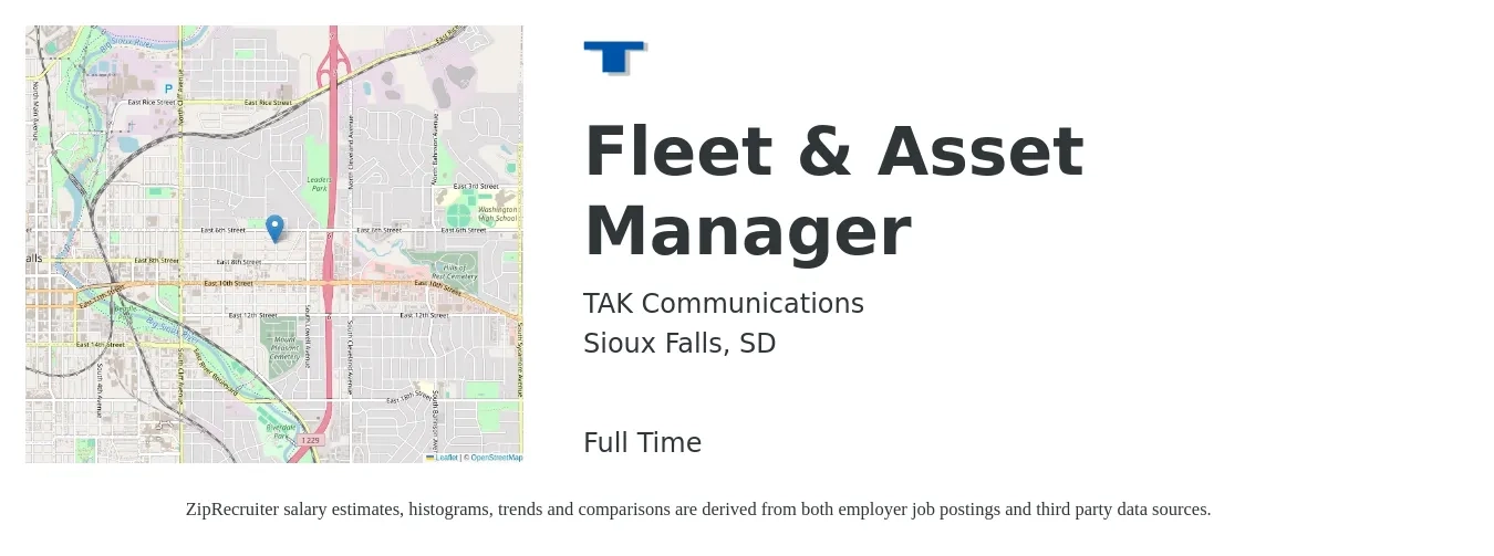 TAK Communications job posting for a Fleet & Asset Manager in Sioux Falls, SD with a salary of $53,200 to $90,500 Yearly with a map of Sioux Falls location.