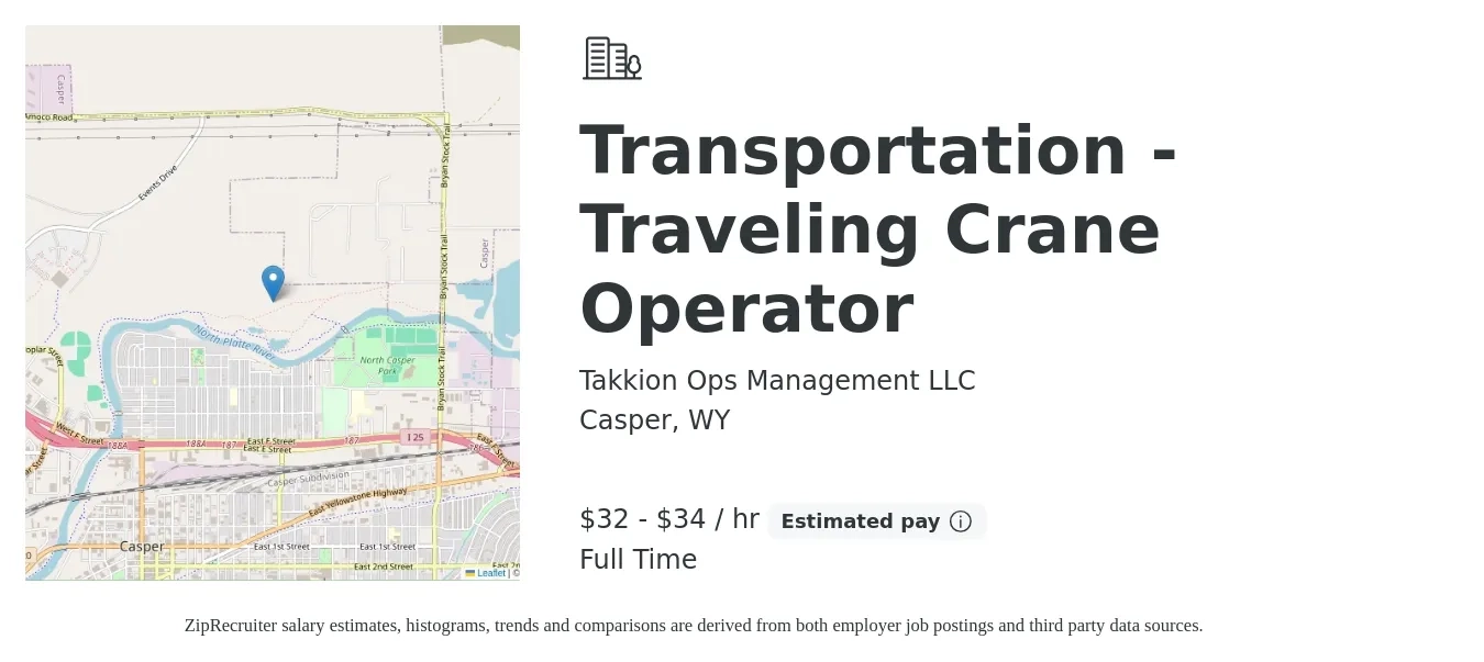 Takkion Ops Management LLC job posting for a Transportation - Traveling Crane Operator in Casper, WY with a salary of $34 to $36 Hourly with a map of Casper location.