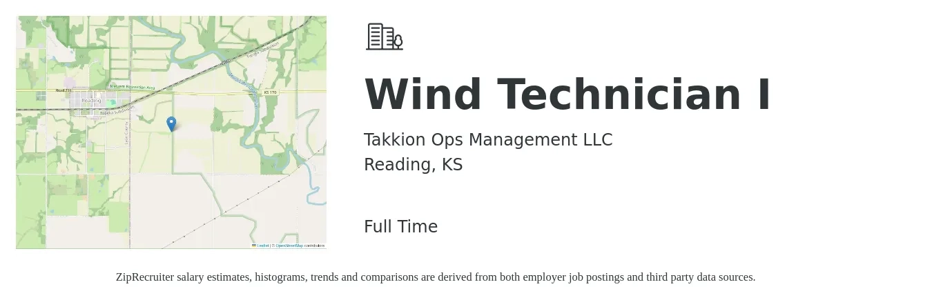 Takkion Ops Management LLC job posting for a Wind Technician I in Reading, KS with a salary of $16 to $23 Hourly with a map of Reading location.