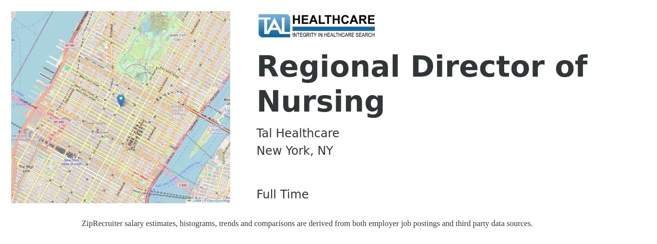Tal Healthcare job posting for a Regional Director of Nursing in New York, NY with a salary of $70,100 to $118,600 Yearly with a map of New York location.