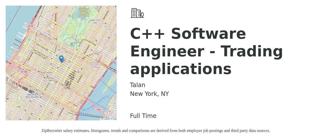 Talan job posting for a C++ Software Engineer - Trading applications in New York, NY with a salary of $90,000 to $130,000 Yearly with a map of New York location.