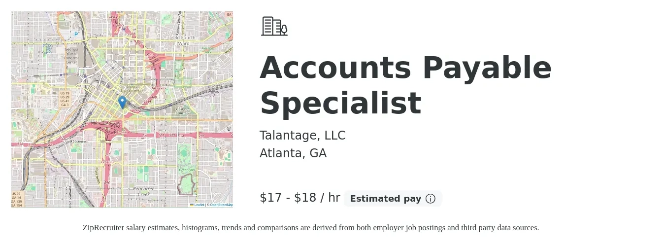 Talantage, LLC job posting for a Accounts Payable Specialist in Atlanta, GA with a salary of $18 to $19 Hourly with a map of Atlanta location.