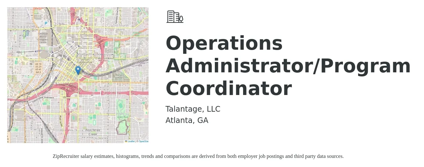 Talantage, LLC job posting for a Operations Administrator/Program Coordinator in Atlanta, GA with a salary of $39,900 to $51,900 Yearly with a map of Atlanta location.
