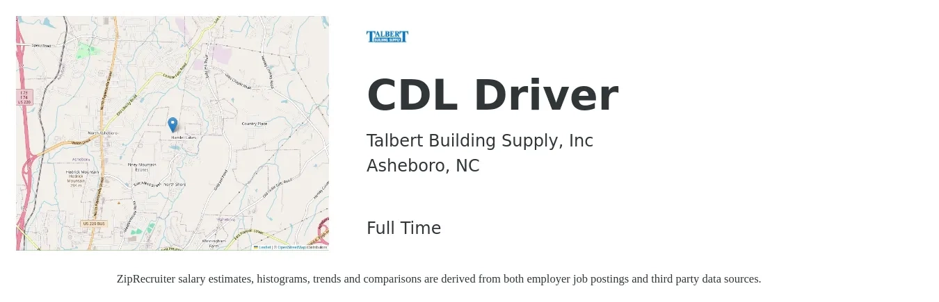 Talbert Building Supply, Inc job posting for a CDL Driver in Asheboro, NC with a salary of $22 to $39 Hourly with a map of Asheboro location.