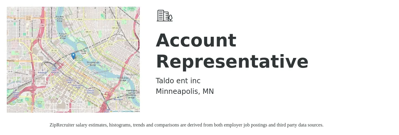 Taldo ent inc job posting for a Account Representative in Minneapolis, MN with a salary of $4,000 Monthly with a map of Minneapolis location.