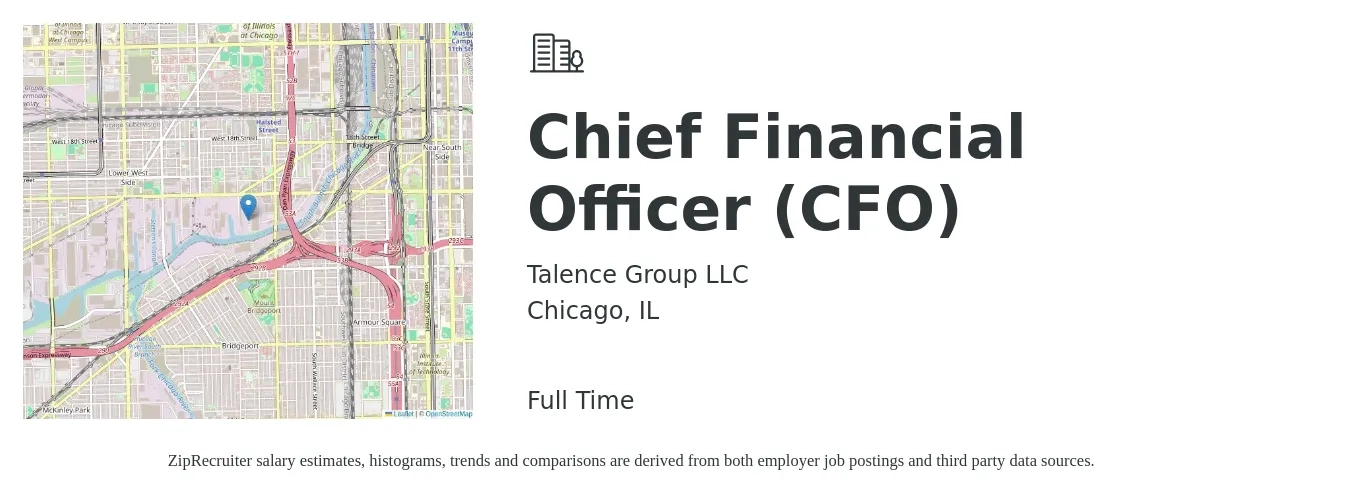 Talence Group LLC job posting for a Chief Financial Officer (CFO) in Chicago, IL with a salary of $145,200 to $412,100 Yearly with a map of Chicago location.