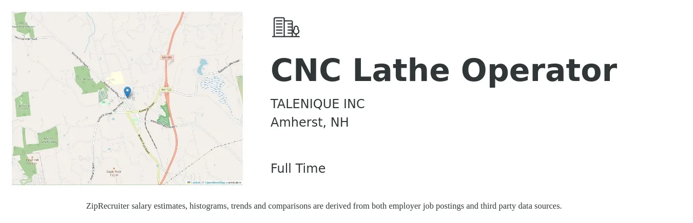 TALENIQUE INC job posting for a CNC Lathe Operator in Amherst, NH with a salary of $18 to $25 Hourly with a map of Amherst location.