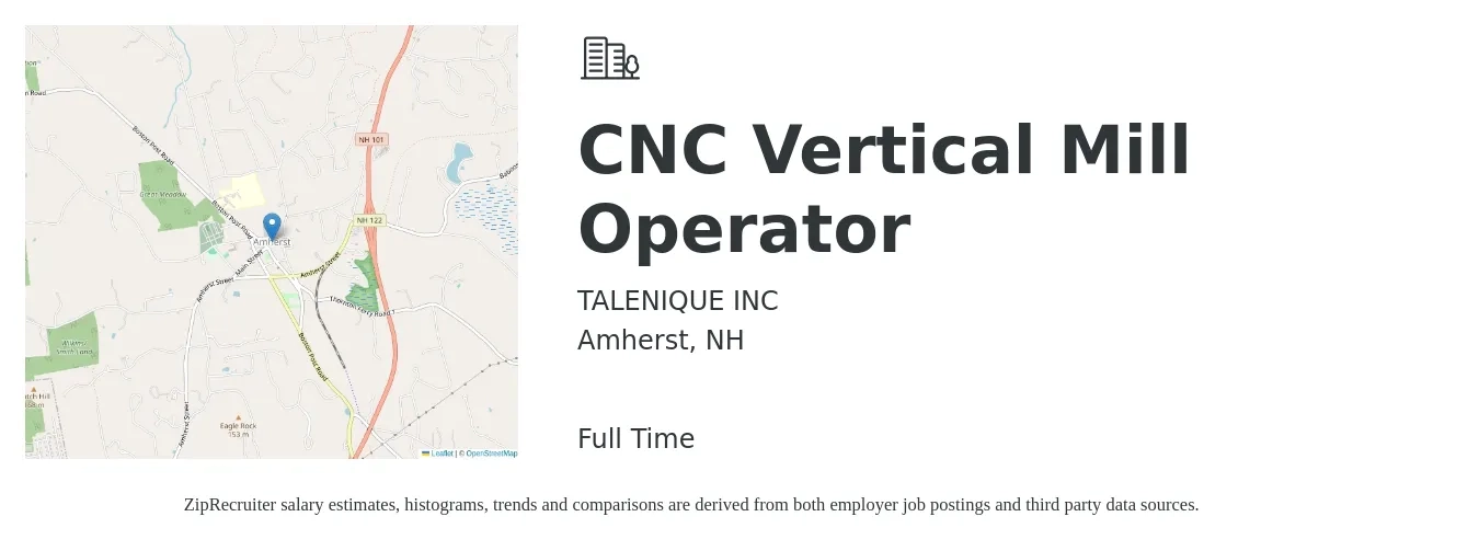 TALENIQUE INC job posting for a CNC Vertical Mill Operator in Amherst, NH with a salary of $18 to $25 Hourly with a map of Amherst location.