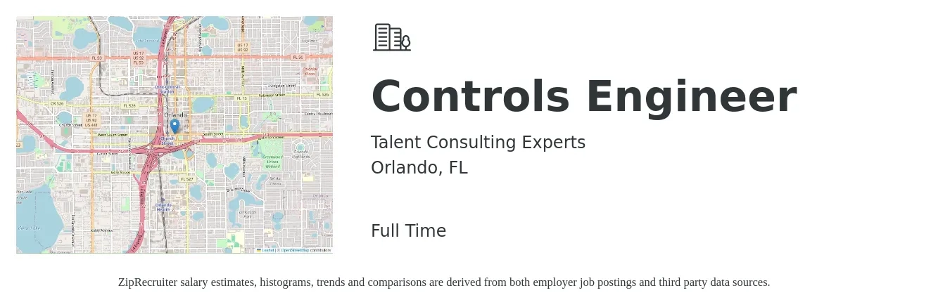 Talent Consulting Experts job posting for a Controls Engineer in Orlando, FL with a salary of $77,900 to $100,700 Yearly with a map of Orlando location.