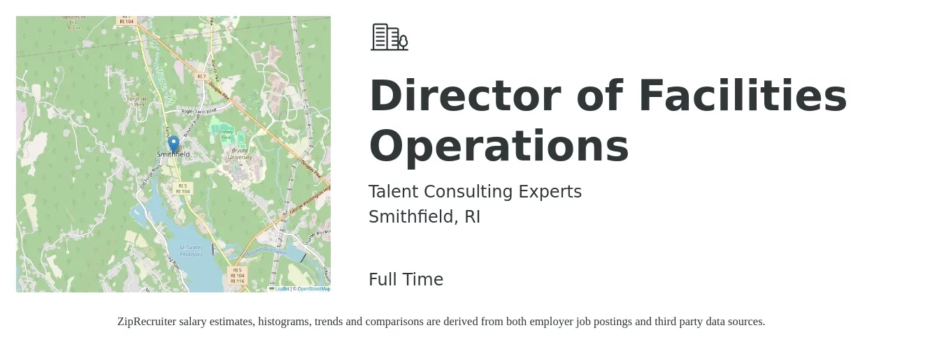 Talent Consulting Experts job posting for a Director of Facilities Operations in Smithfield, RI with a salary of $88,400 to $194,100 Yearly with a map of Smithfield location.