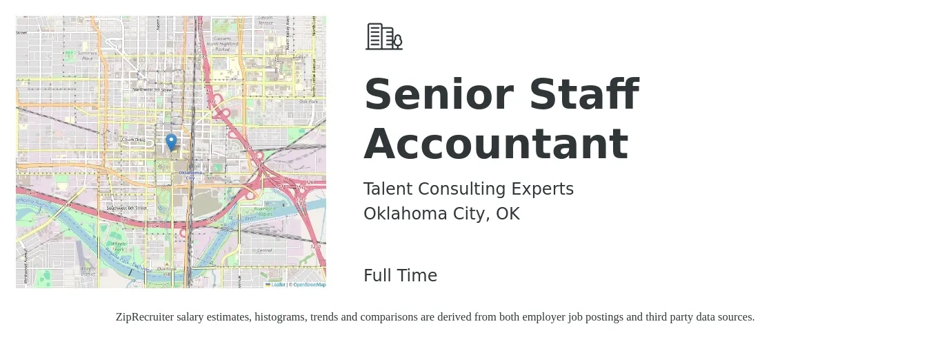 Talent Consulting Experts job posting for a Senior Staff Accountant in Oklahoma City, OK with a salary of $64,600 to $79,500 Yearly with a map of Oklahoma City location.