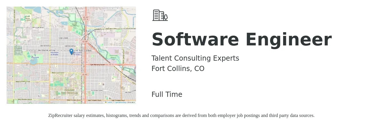 Talent Consulting Experts job posting for a Software Engineer in Fort Collins, CO with a salary of $120,100 to $173,100 Yearly with a map of Fort Collins location.