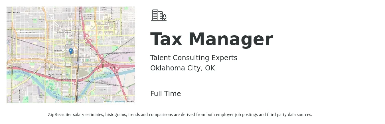Talent Consulting Experts job posting for a Tax Manager in Oklahoma City, OK with a salary of $103,200 to $135,200 Yearly with a map of Oklahoma City location.