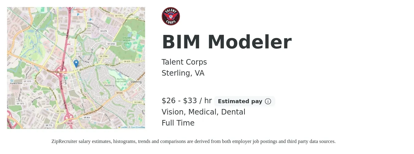 Talent Corps job posting for a BIM Modeler in Sterling, VA with a salary of $28 to $35 Hourly and benefits including medical, vision, and dental with a map of Sterling location.