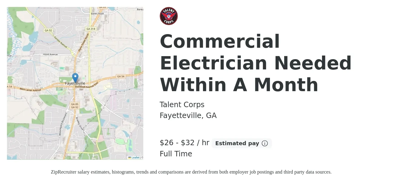 Talent Corps job posting for a Commercial Electrician Needed Within A Month in Fayetteville, GA with a salary of $28 to $34 Hourly with a map of Fayetteville location.