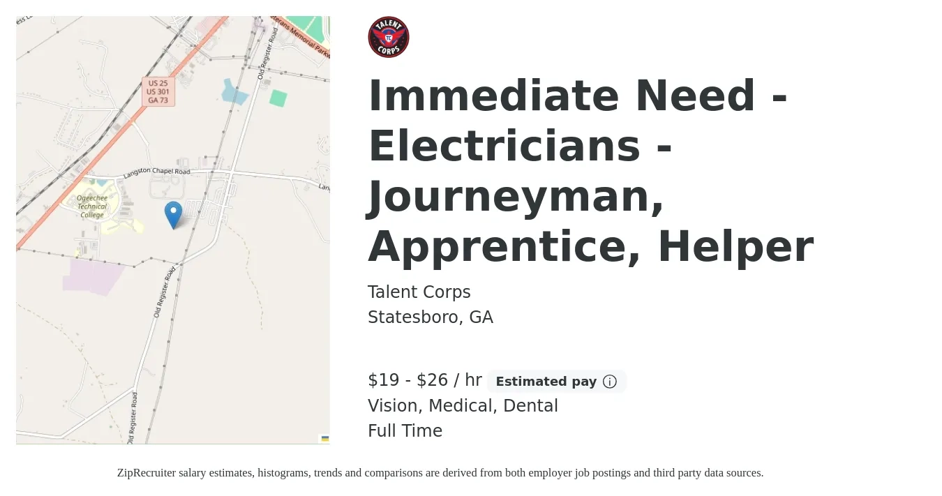Talent Corps job posting for a Immediate Need - Electricians - Journeyman, Apprentice, Helper in Statesboro, GA with a salary of $20 to $28 Hourly and benefits including dental, medical, and vision with a map of Statesboro location.