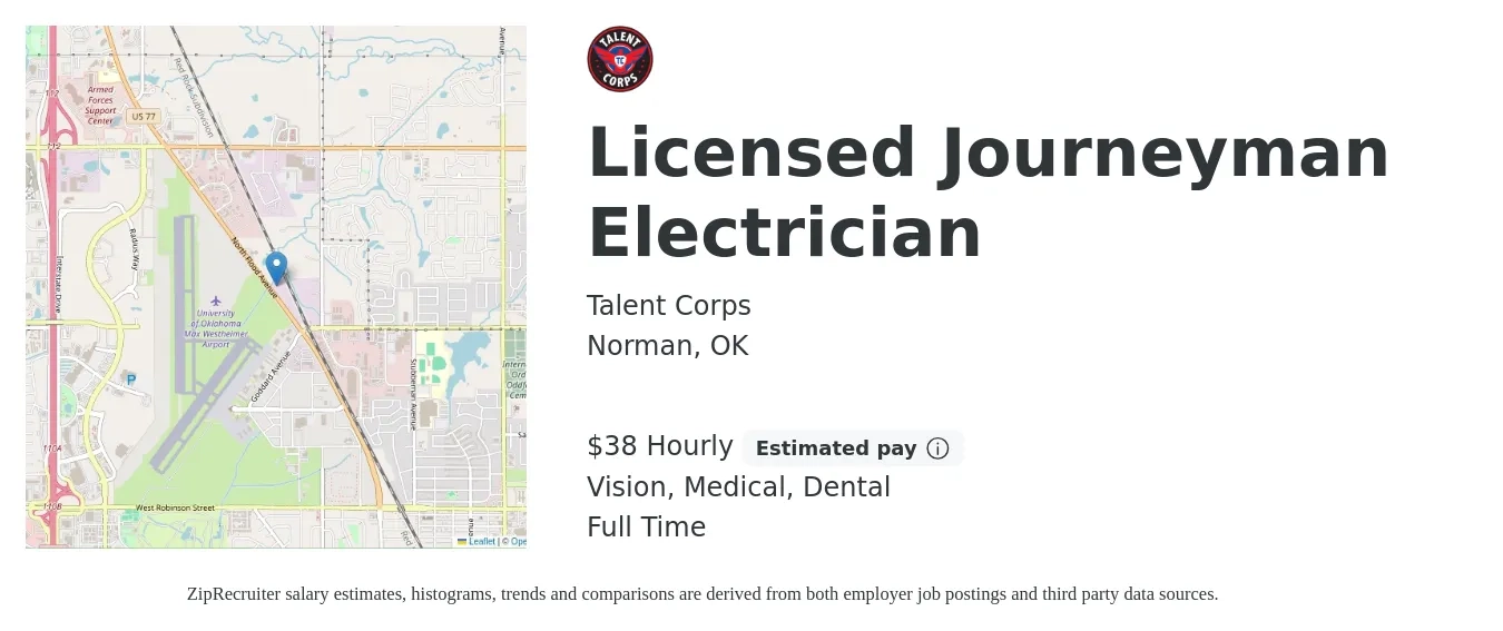 Talent Corps job posting for a Licensed Journeyman Electrician in Norman, OK with a salary of $40 Hourly and benefits including dental, medical, and vision with a map of Norman location.