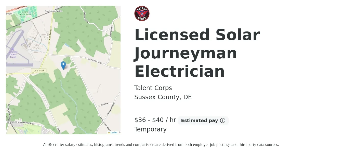 Talent Corps job posting for a Licensed Solar Journeyman Electrician in Sussex County, DE with a salary of $38 to $42 Hourly with a map of Sussex County location.