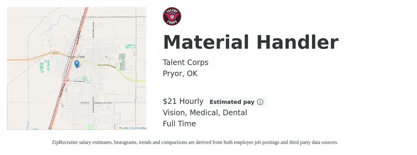 Talent Corps job posting for a Material Handler in Pryor, OK with a salary of $22 Hourly and benefits including dental, life_insurance, medical, retirement, and vision with a map of Pryor location.