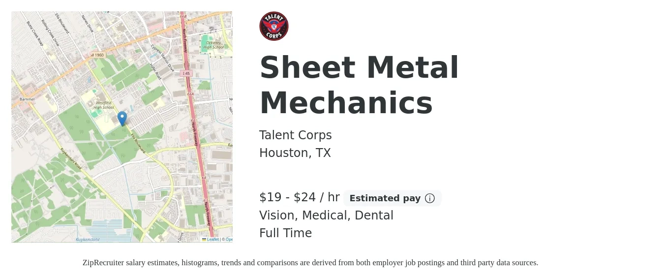Talent Corps job posting for a Sheet Metal Mechanics in Houston, TX with a salary of $20 to $25 Hourly and benefits including retirement, vision, dental, and medical with a map of Houston location.
