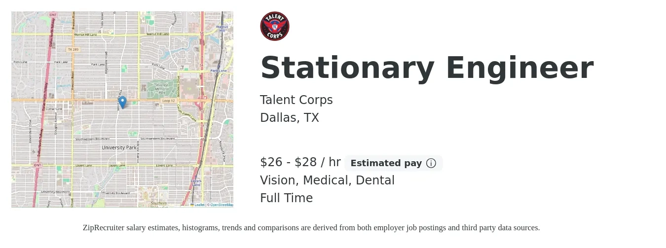 Talent Corps job posting for a Stationary Engineer in Dallas, TX with a salary of $28 to $30 Hourly and benefits including dental, life_insurance, medical, retirement, and vision with a map of Dallas location.