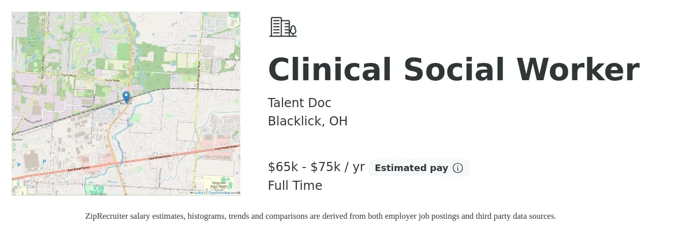 Talent Doc job posting for a Clinical Social Worker in Blacklick, OH with a salary of $65,000 to $75,000 Yearly with a map of Blacklick location.