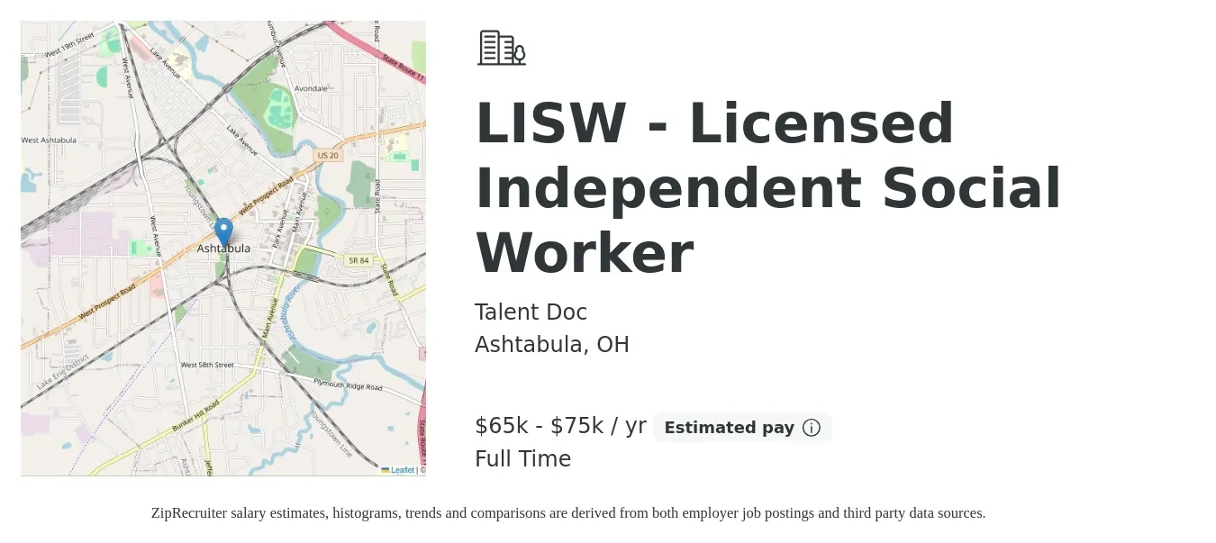 Talent Doc job posting for a LISW - Licensed Independent Social Worker in Ashtabula, OH with a salary of $65,000 to $75,000 Yearly with a map of Ashtabula location.