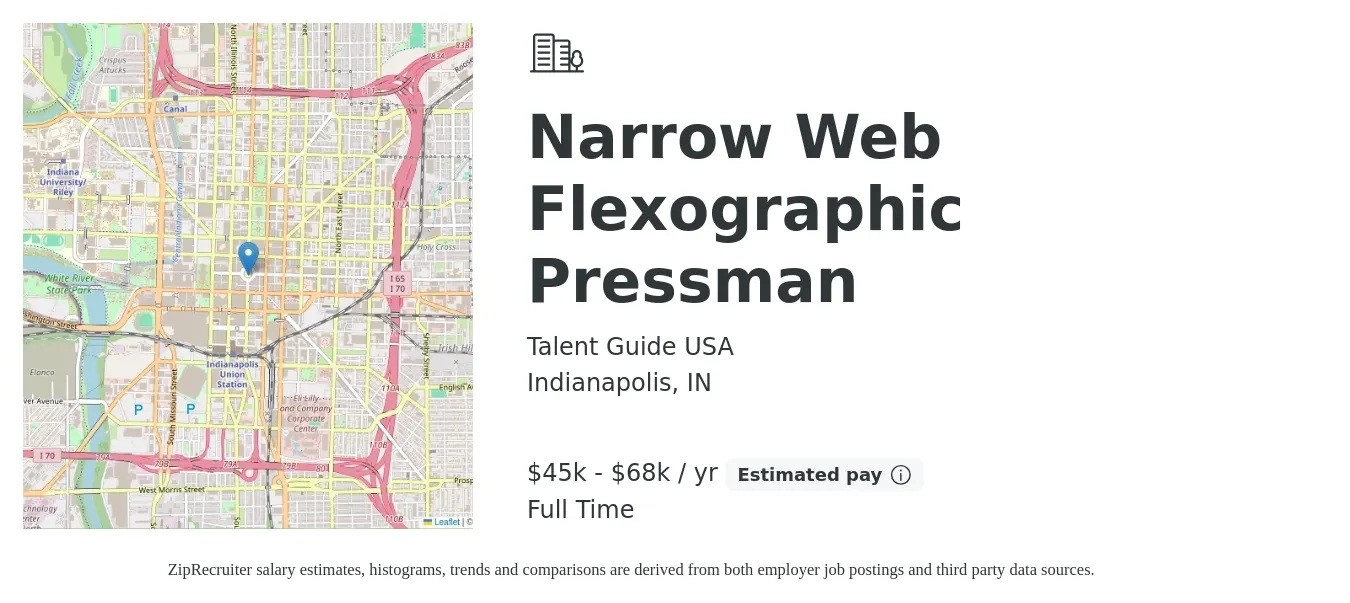 Talent Guide USA job posting for a Narrow Web Flexographic Pressman in Indianapolis, IN with a salary of $45,760 to $68,640 Yearly with a map of Indianapolis location.