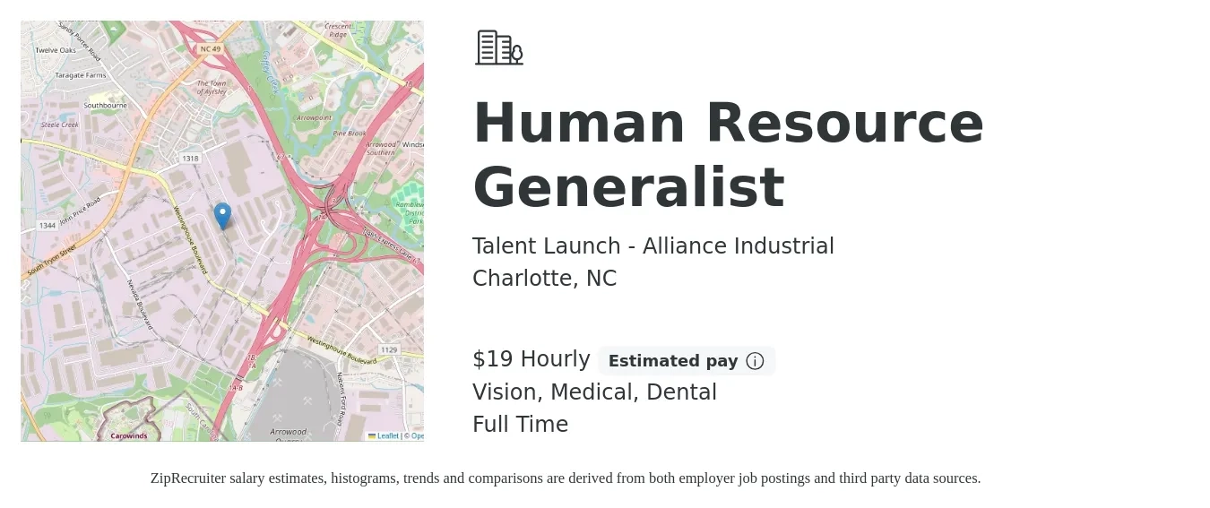 Talent Launch - Alliance Industrial job posting for a Human Resource Generalist in Charlotte, NC with a salary of $20 Hourly and benefits including vision, dental, and medical with a map of Charlotte location.