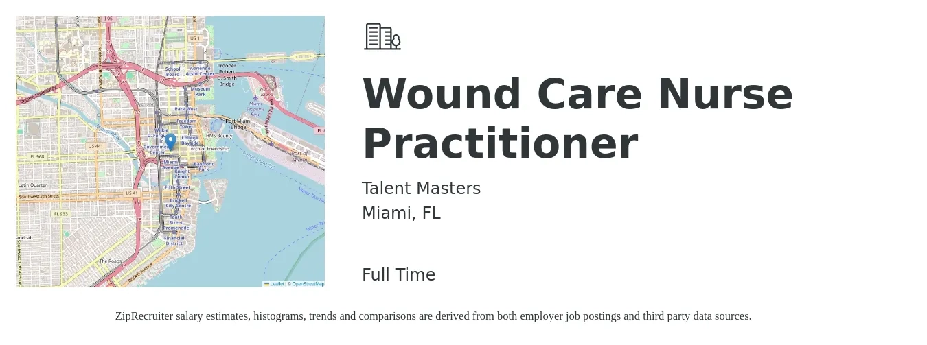 Talent Masters job posting for a Wound Care Nurse Practitioner in Miami, FL with a salary of $114,800 to $239,100 Yearly with a map of Miami location.