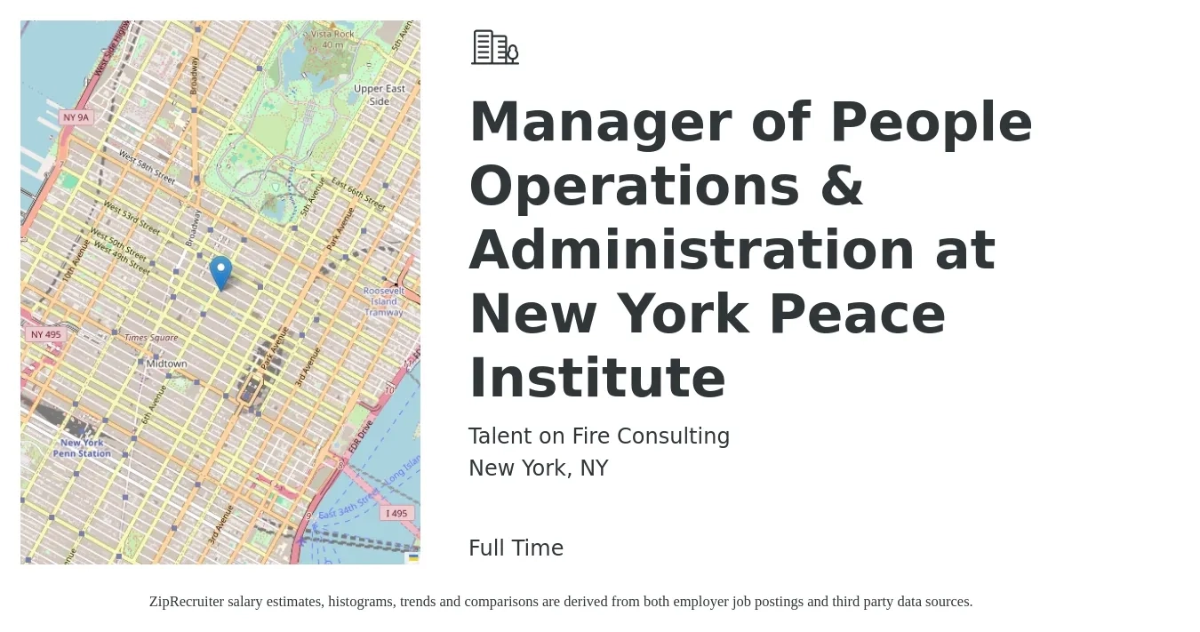 Talent on Fire Consulting job posting for a Manager of People Operations & Administration at New York Peace Institute in New York, NY with a salary of $44,900 to $84,800 Yearly with a map of New York location.